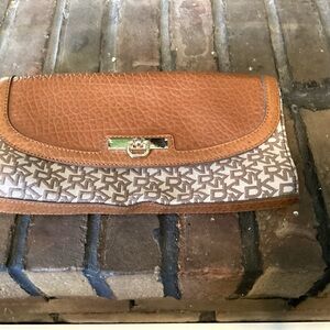 DKNY Logo Print Tan and Brown Logo Clutch